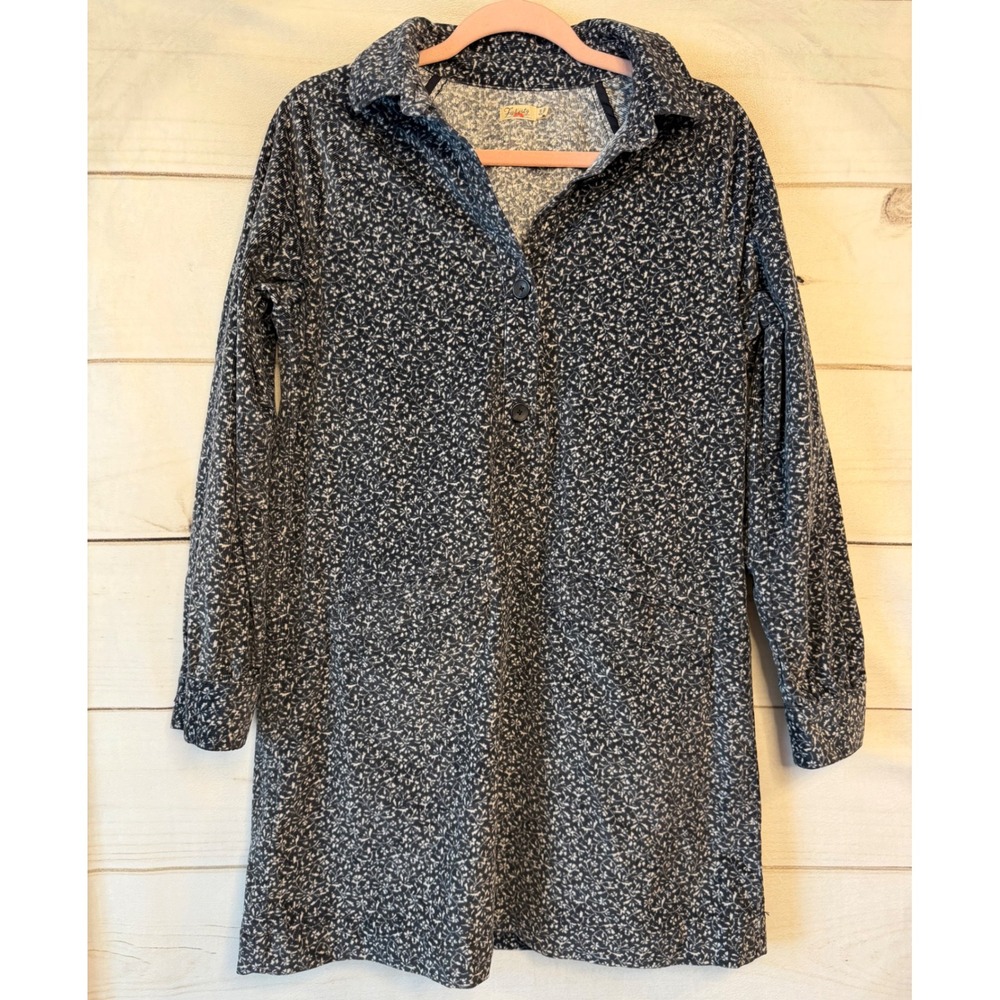 Faherty Navy Blue Floral Corduroy Shirt Dress Organic Cotton XS Long Sleeve
